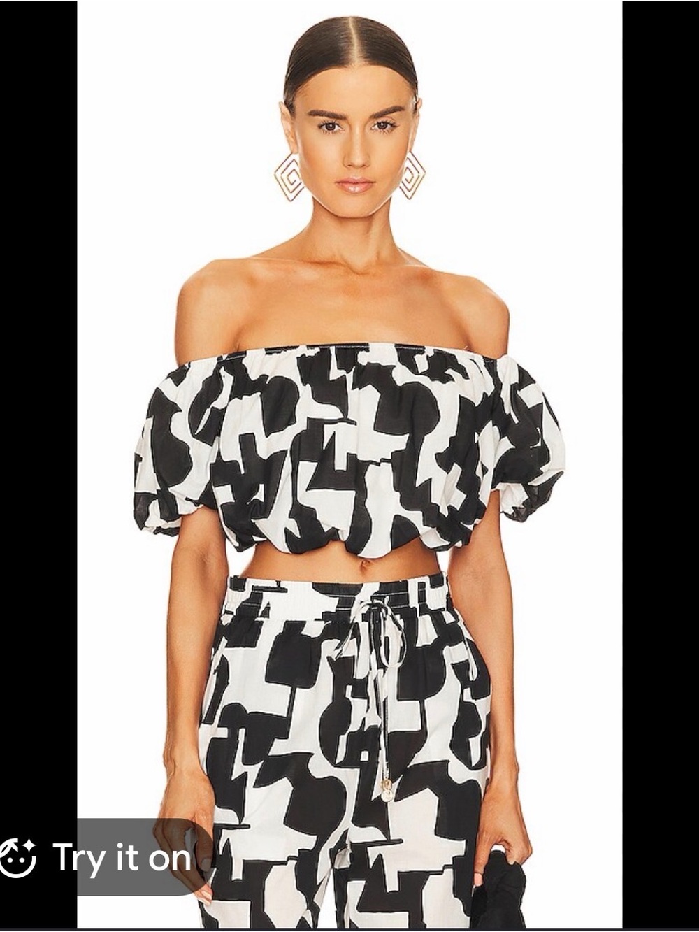 Milly Cabana Mason Black and Ecru Geometric Print Crop Top Size S